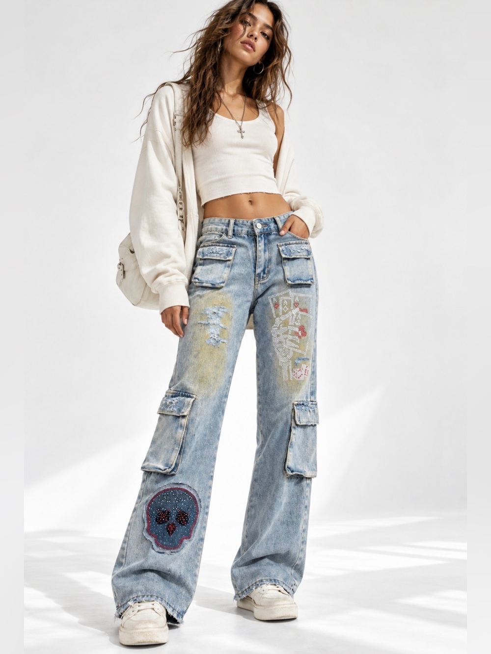 Reworked Rhinestone Skull Cargo Jeans Y2K Patchwork Wide Leg Boho Rock OOAK 34